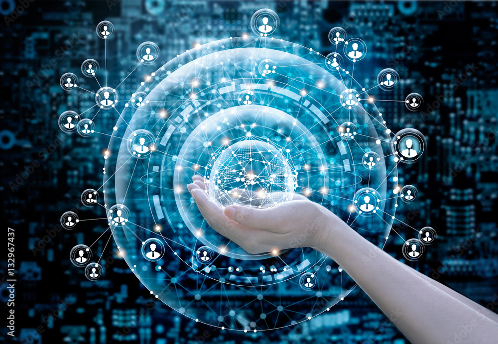Poster hands holding on abstract circle global business network connecting