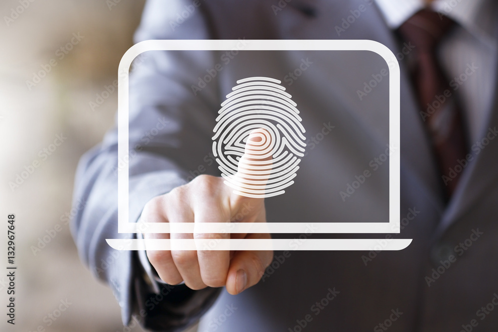 Poster businessman pressing button fingerprint print unlock laptop web notebook
