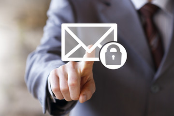 Businessman pressing button mail lock security email icon
