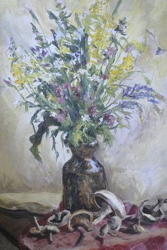  Oil painting, still life, bouquet of flowers and mushrooms