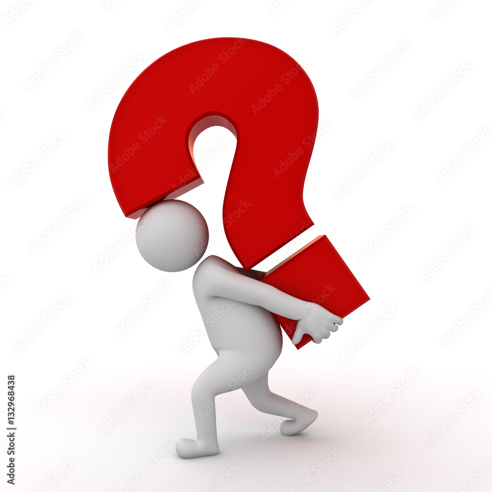 Poster 3d man carrying big red question mark on his back isolated on white background 3d rendering