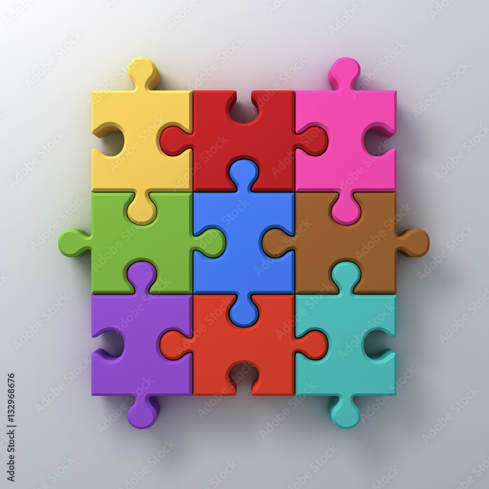 Aufkleber colorful jigsaw puzzle pieces concept on white wall background with shadow 3d rendering