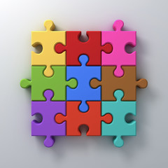 Obraz premium Colorful jigsaw puzzle pieces concept on white wall background with shadow 3D rendering