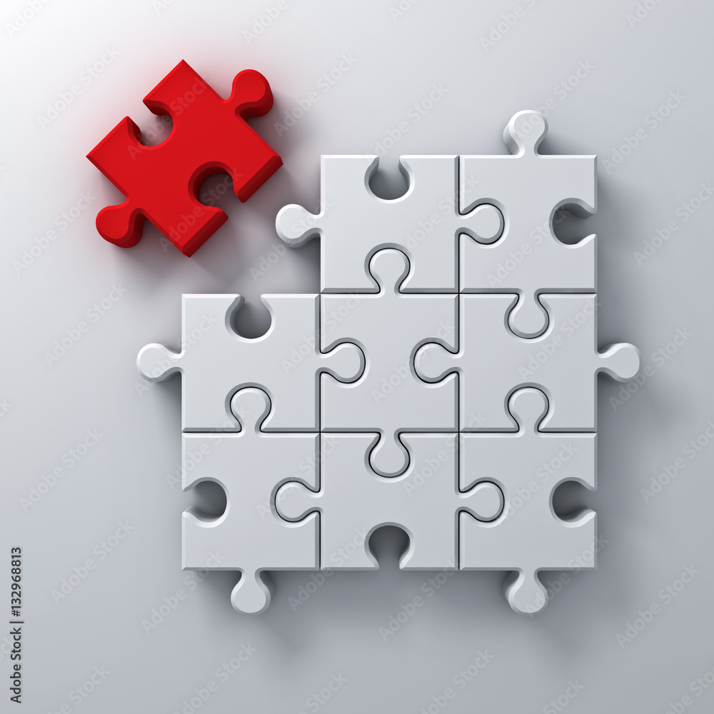 Poster one red jigsaw puzzle the last piece stand out from the crowd different concept on white wall backgr