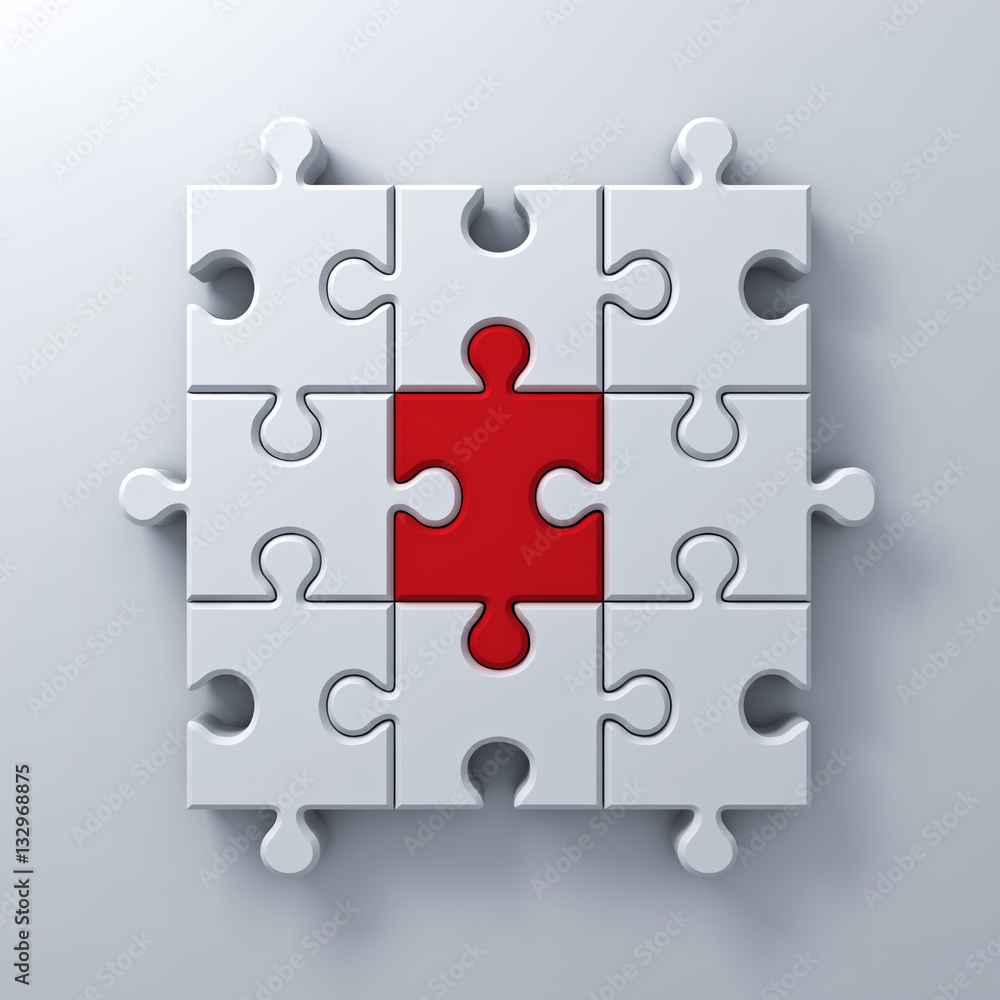 Poster one red jigsaw puzzle piece stand out from the white crowd different concept on white wall backgroun