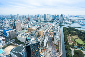 Business and culture concept - panoramic modern city skyline bird eye aerial view of Odaiba bay and bridge under dramatic sunrise and morning blue cloudy sky in Tokyo, Japan