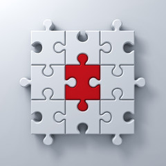One red jigsaw puzzle piece stand out from the white crowd different concept on white wall background with shadow 3D rendering