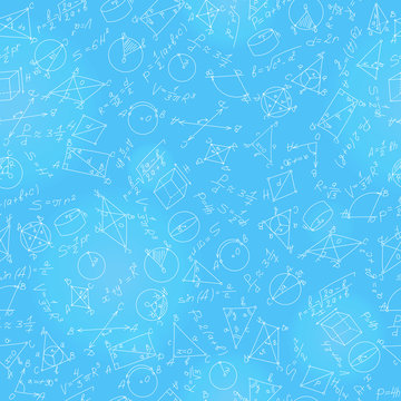 Seamless pattern on the theme of learning and geometry light contour on a blue background with formulas and graphs