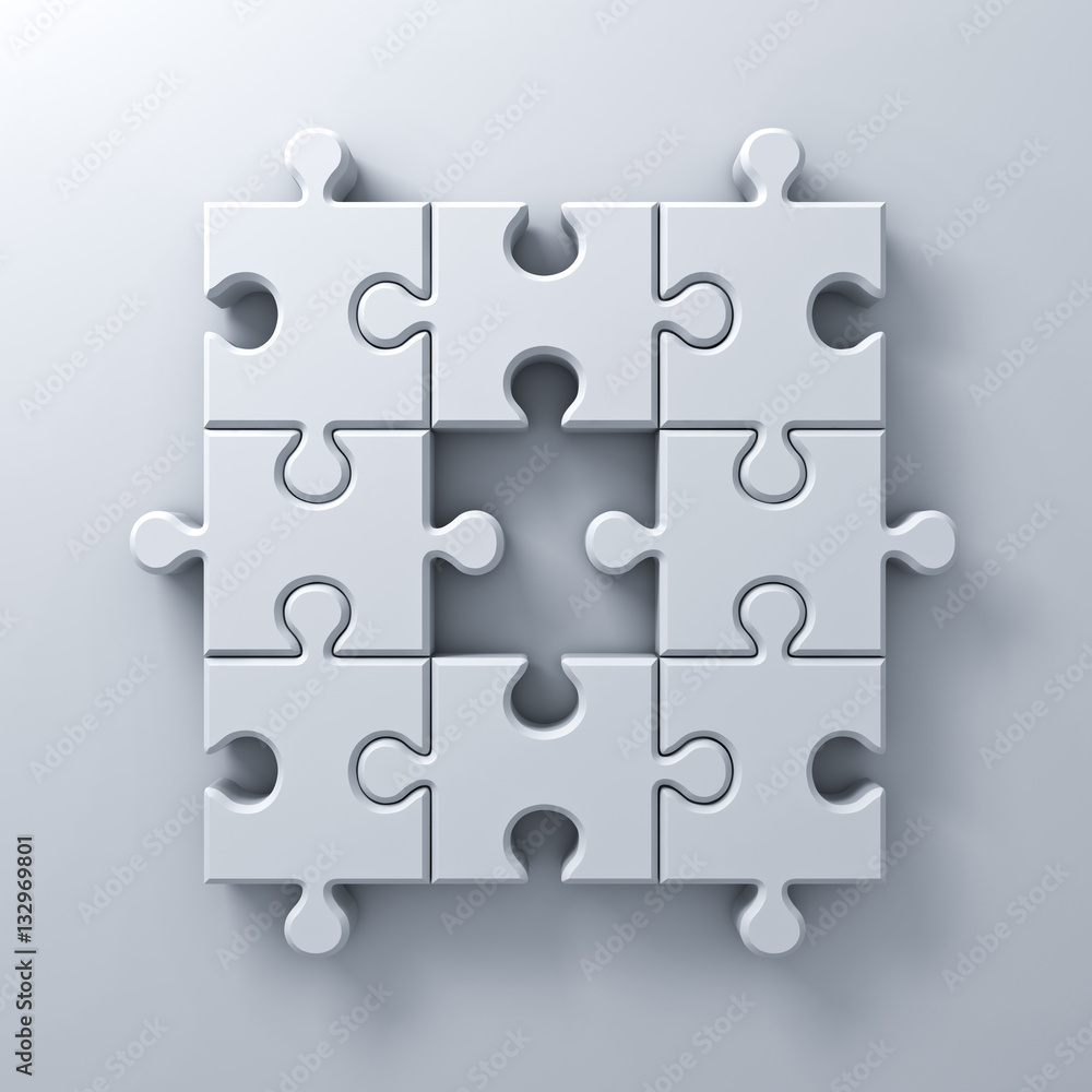 Poster white jigsaw puzzle pieces one missing concept on white wall background with shadow 3d rendering