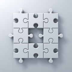 White jigsaw puzzle pieces one missing concept on white wall background with shadow 3D rendering