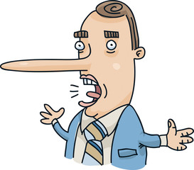 A cartoon businessman whose nose is growing as he is talking and lying.