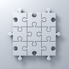 White jigsaw puzzle pieces concept on white wall background with shadow 3D rendering