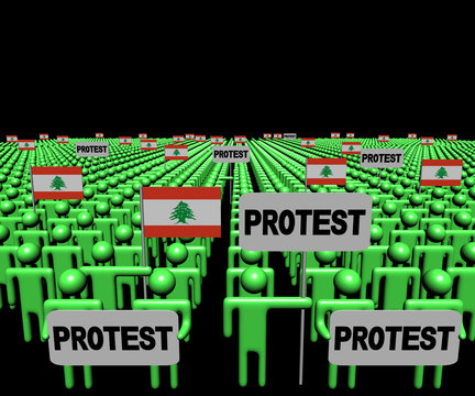 Crowd of people with protest signs and Lebanese flags illustration