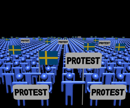 Crowd of people with protest signs and Swedish flags illustration
