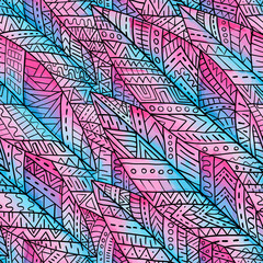 Seamless pattern in the style of zentangl. Blue, pink and white