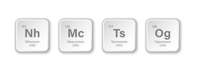 Nihonium, Moscovium, Tennessine and Oganesson vector illustration
