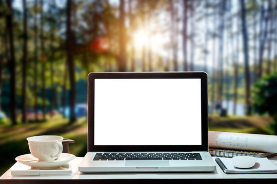 Front view of cup and laptop on table in Mountain office and background of trees in the forest