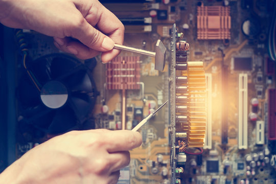  Hands With Tools For Repair Computer, Vintage Retro Color