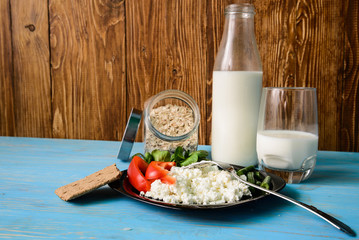 rise on a plate with paper and milk