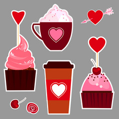Valentine's day Romantic dating sweet love vector sticker set. Coffee, cappuccino, cupcakes, cherry, roses.