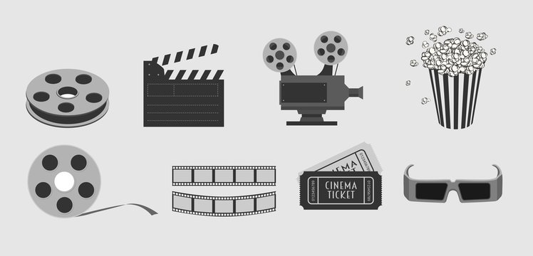 Movie and cinema objects, icons and design elements set.