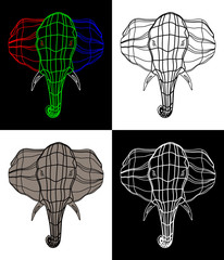set of four pictures . the head of a large and strong elephant. grid of the three colors. Isolate on black background.
