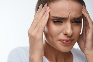 Fototapeta premium Headache Pain. Beautiful Woman Having Painful Migraine. Health