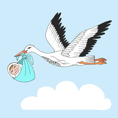 Nice card with stork and baby on blue sky