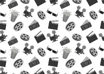 Naklejka premium Cinema seamless pattern with movie objects. Clapperboard, ticket