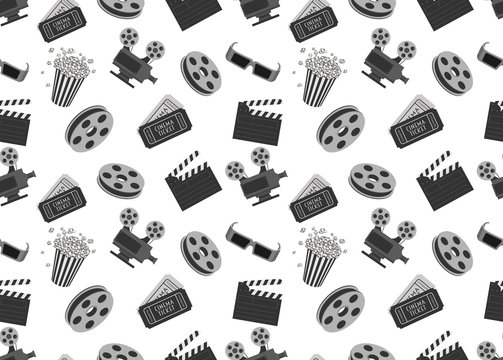 Cinema seamless pattern with movie objects. Clapperboard, ticket