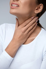 Throat Pain. Closeup Woman With Sore Throat, Painful Feeling