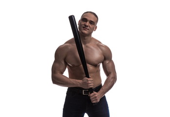 Portrait of a brutal man bodybuilder athlete with naked torso with a baseball bat in his hands on a white background © Kozlik_mozlik