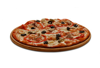Pizza with mussel, calmars, shrimps and octopus. On white backgr