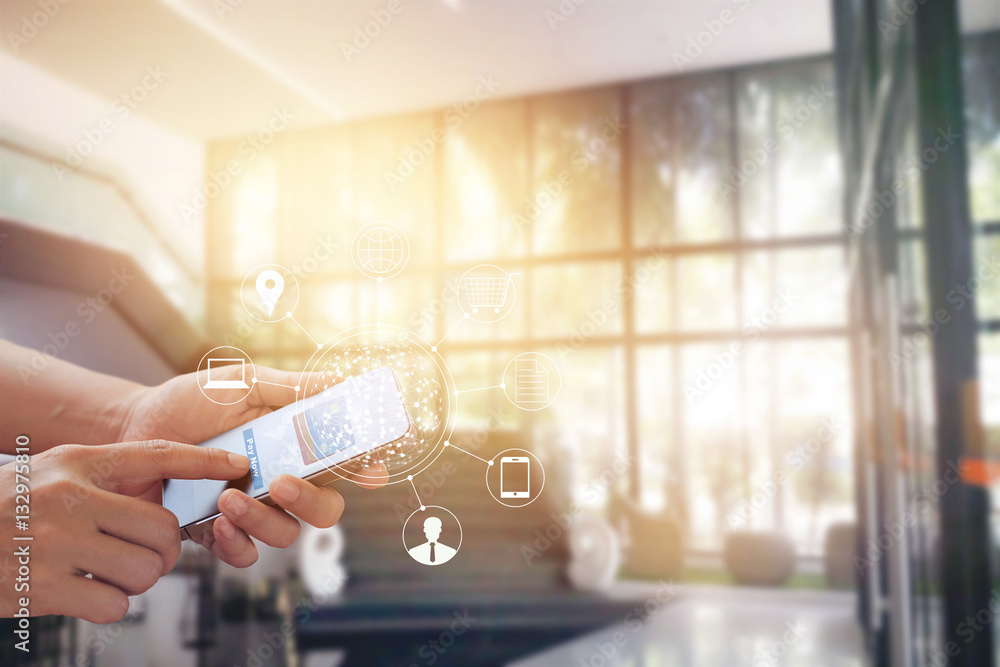 Poster Man using mobile payments online shopping and icon customer network