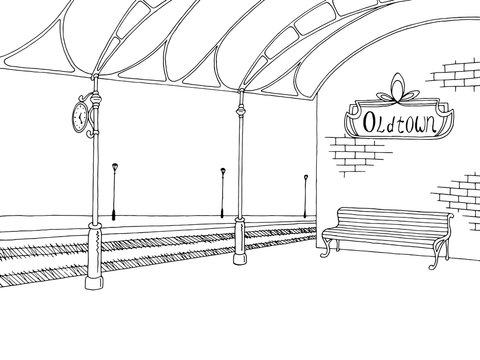 Railway station graphic train platform sketch illustration vector