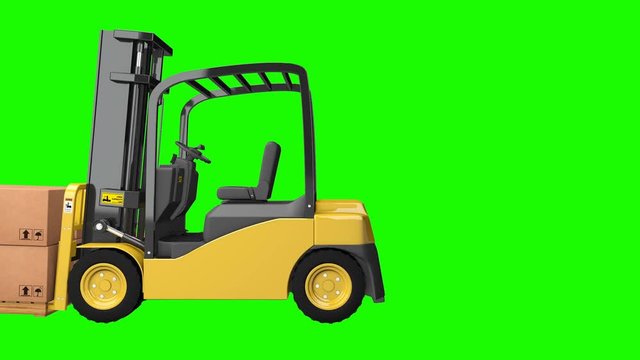 3D forklift with pallet and boxes driving by on green screen / chroma key.