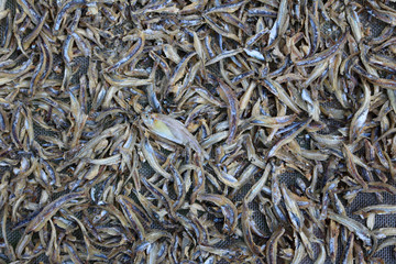 Dried salted fish on the wicker baskets. 