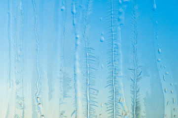 Ice flowers and frost pattern on frosty window glass
