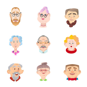 Face of elder people icons set in flat style. Pensioner head col