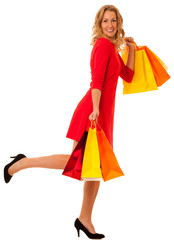 Cutwe brunette woman with curly brown hair holding shopping bags