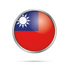 Vector Taiwanese flag button. Republic of China flag in glass button style with metal frame