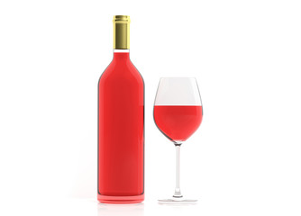 Wine glass and bottle on white background. 3d illustration