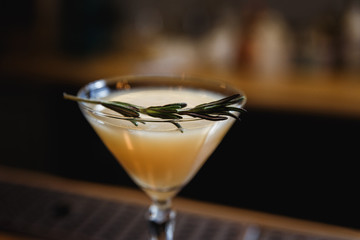 A drink on the bar stand in a cocktail (martini) glass with rosemary on top. Small depth of field, selective focus, film grain effect.