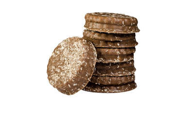 Chocolate cookies sprinkled with coconut isolated on white