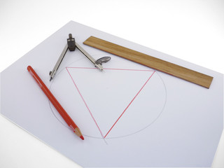  compass, ruler and pencil on white paper