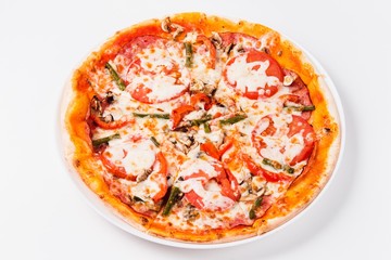 Pizza with tomato, mushrooms, bell peppers closeup