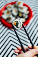 uramaki sushi rolls on trendy background,vegan food on minimal concept
