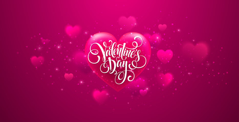 Happy valentines day handwritten text on blurred heart background. Vector illustration