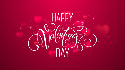 Happy valentines day handwritten text on blurred heart background. Vector illustration