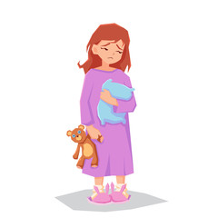 Sleepless girl sad child with toy bear. Kid has nightmare, insomnia flat cartoon illustration